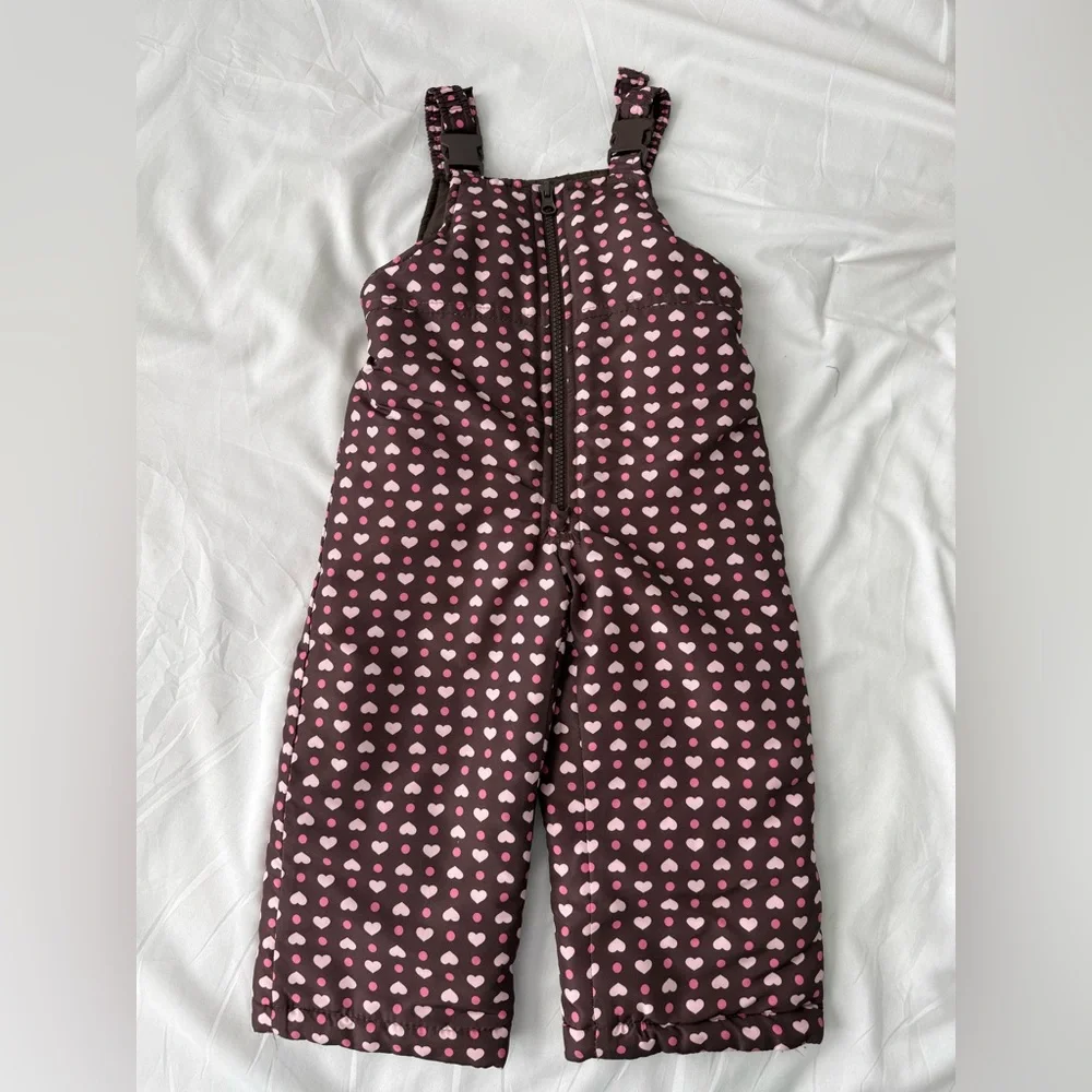 London Fog Brown Snowsuit Overalls with Pink Heart Print